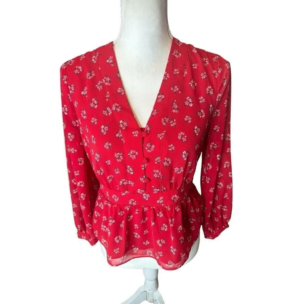 Madewell Women's V Neck Cinched Waist Chiffon Blouse Floral Red Size XXS